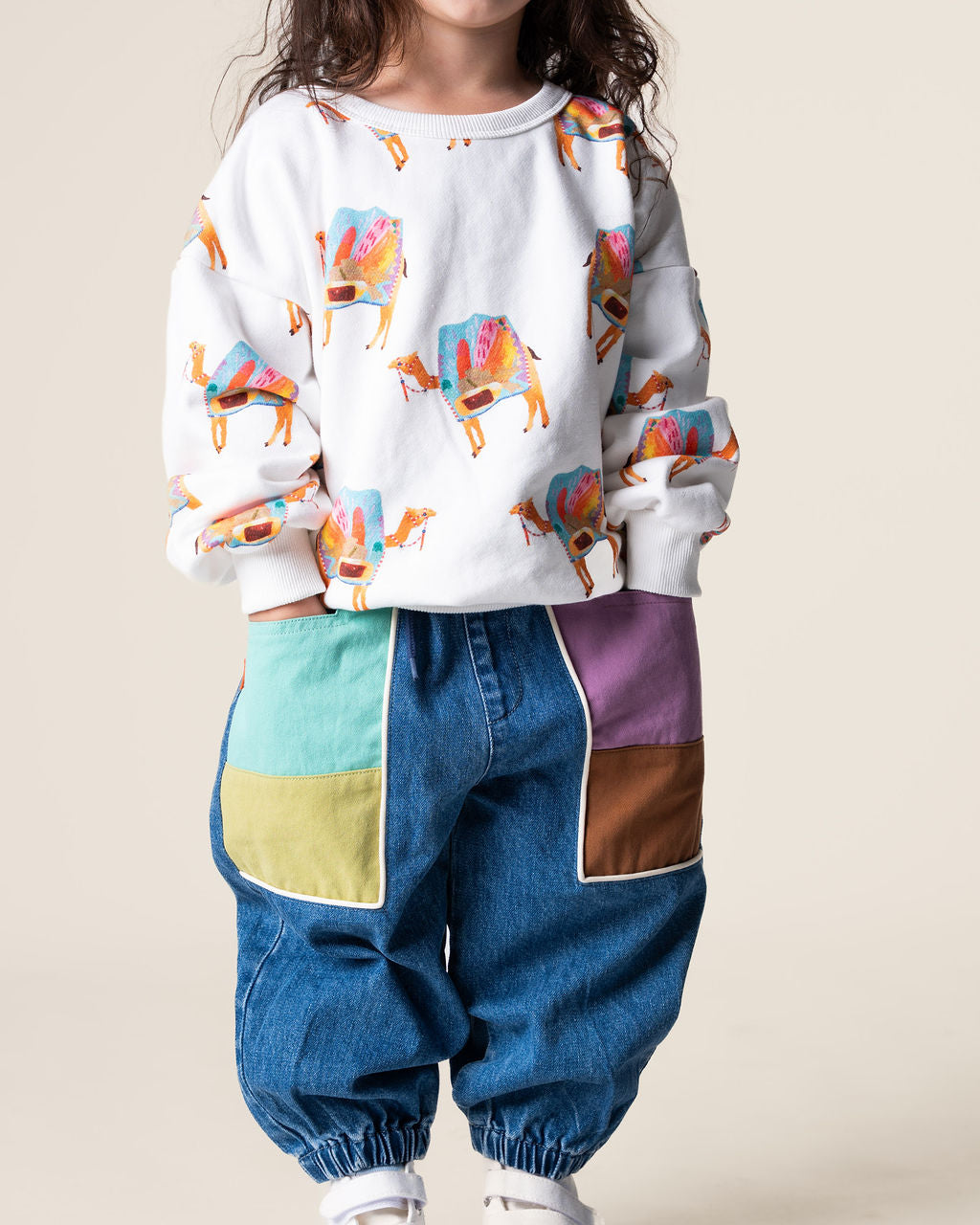 Colour Block Denim Barrel Pants