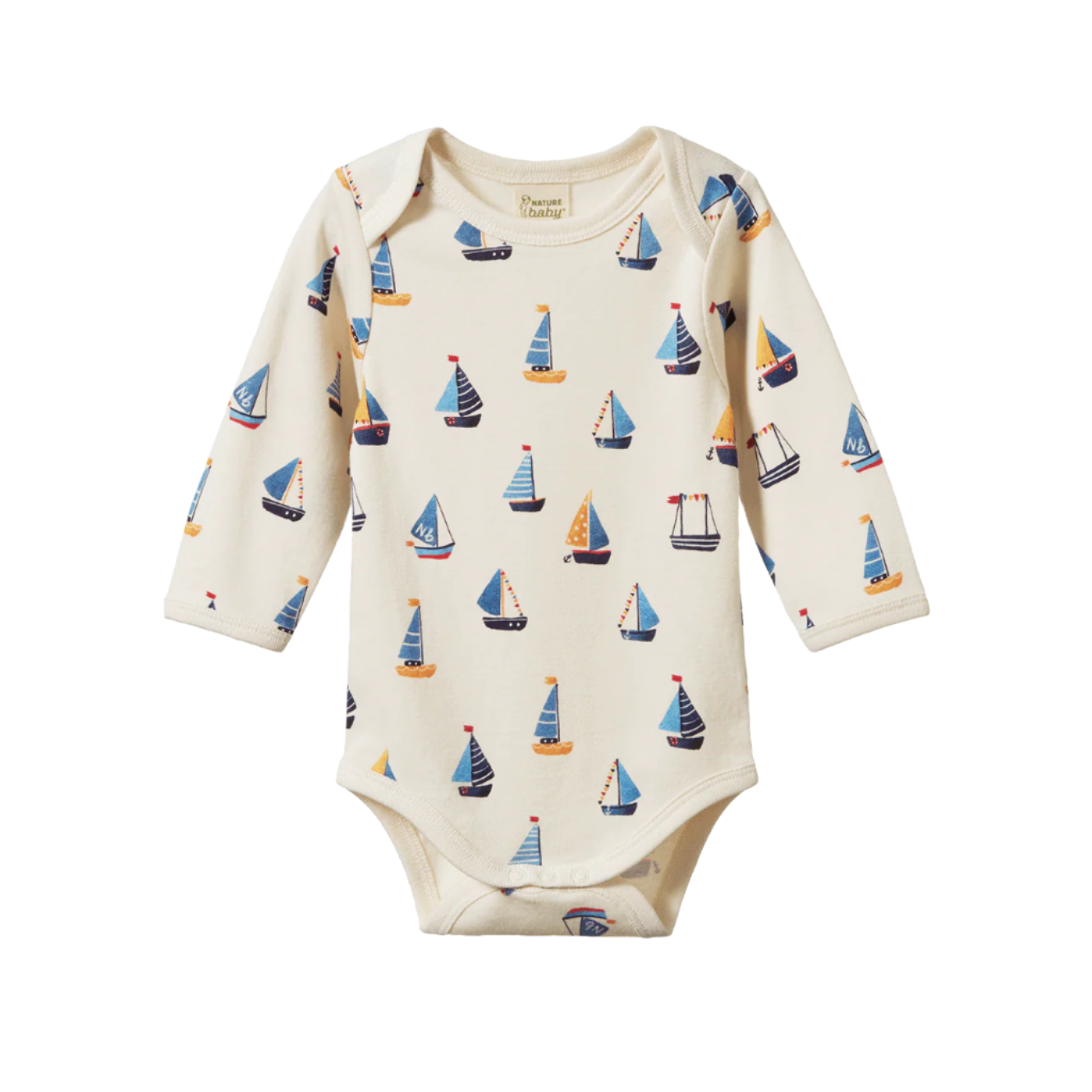 Baby onesie with sailboat pattern on a white background