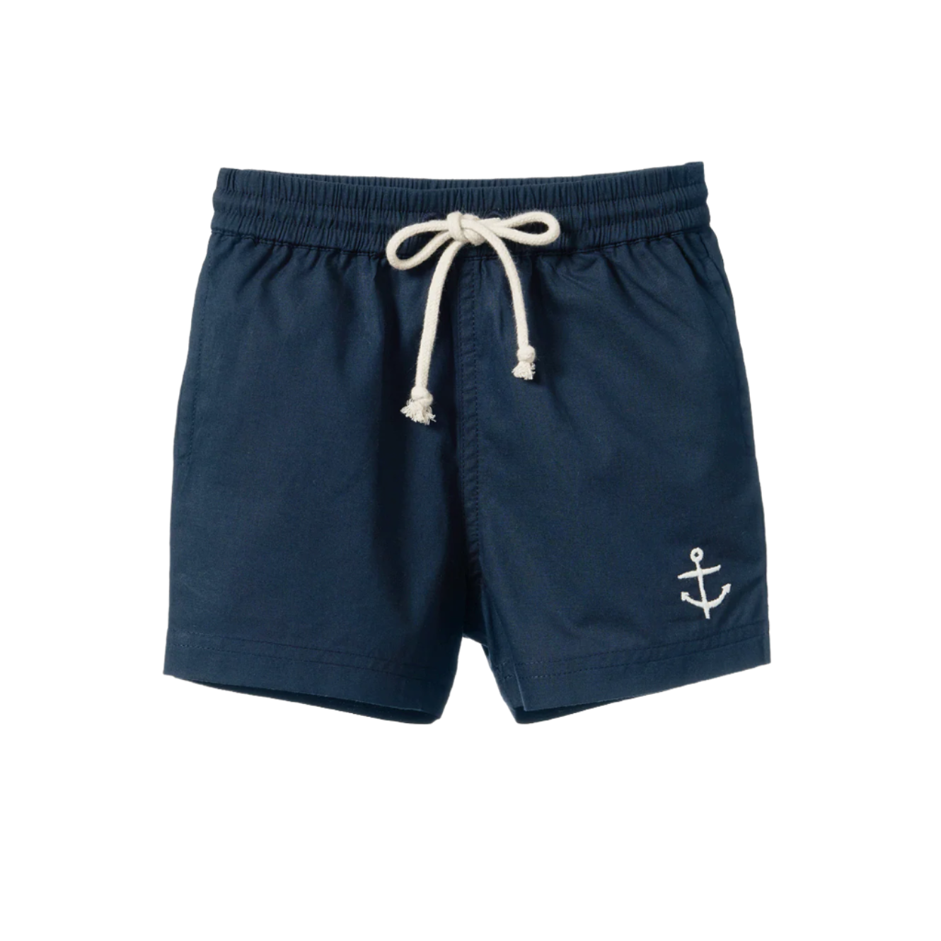 Navy blue shorts with a white anchor emblem on a white background