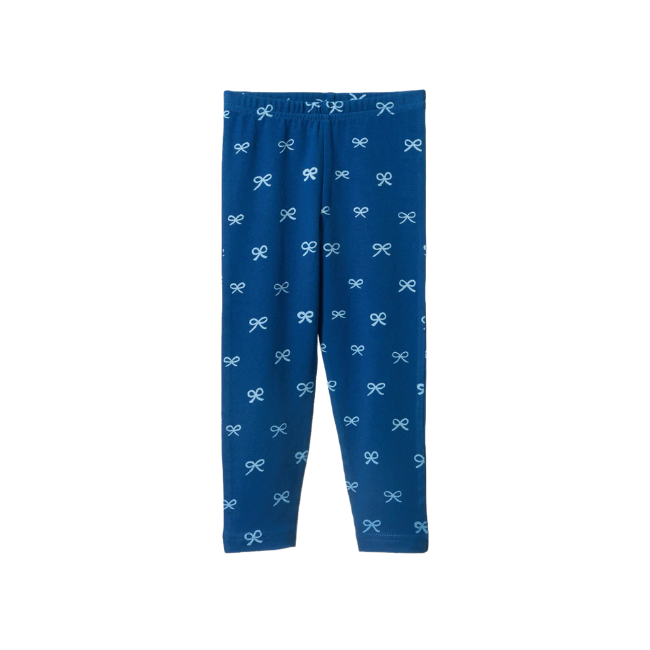 Blue leggings with white bow pattern on a white background