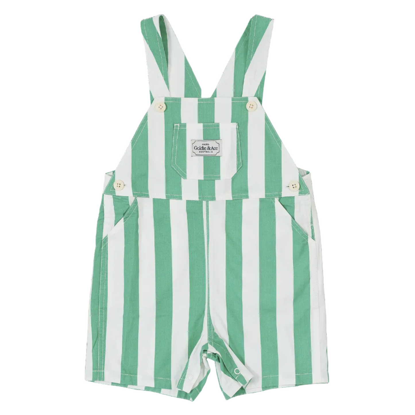 Green and white striped baby romper with 'oddball' label on a white background