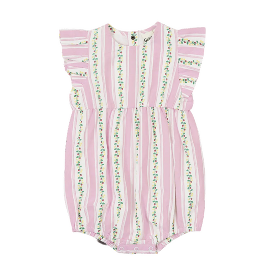 Pink and white striped baby romper with green floral pattern on a white background