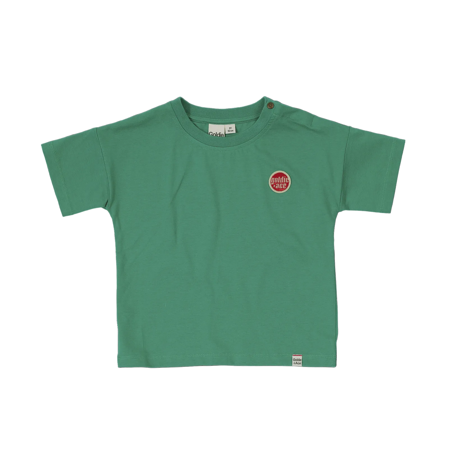Green t-shirt with a red logo on a white background