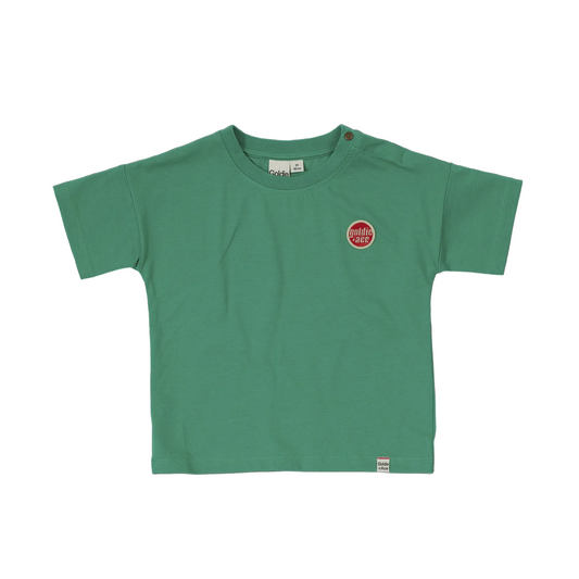Green t-shirt with a red logo on a white background
