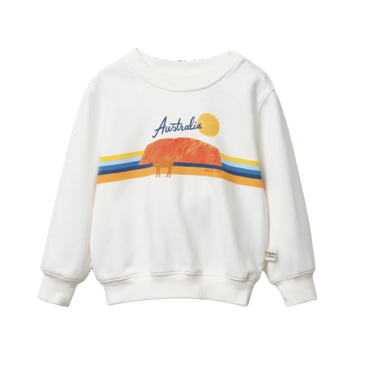 White sweatshirt with 'Australia' and kangaroo design on a white background