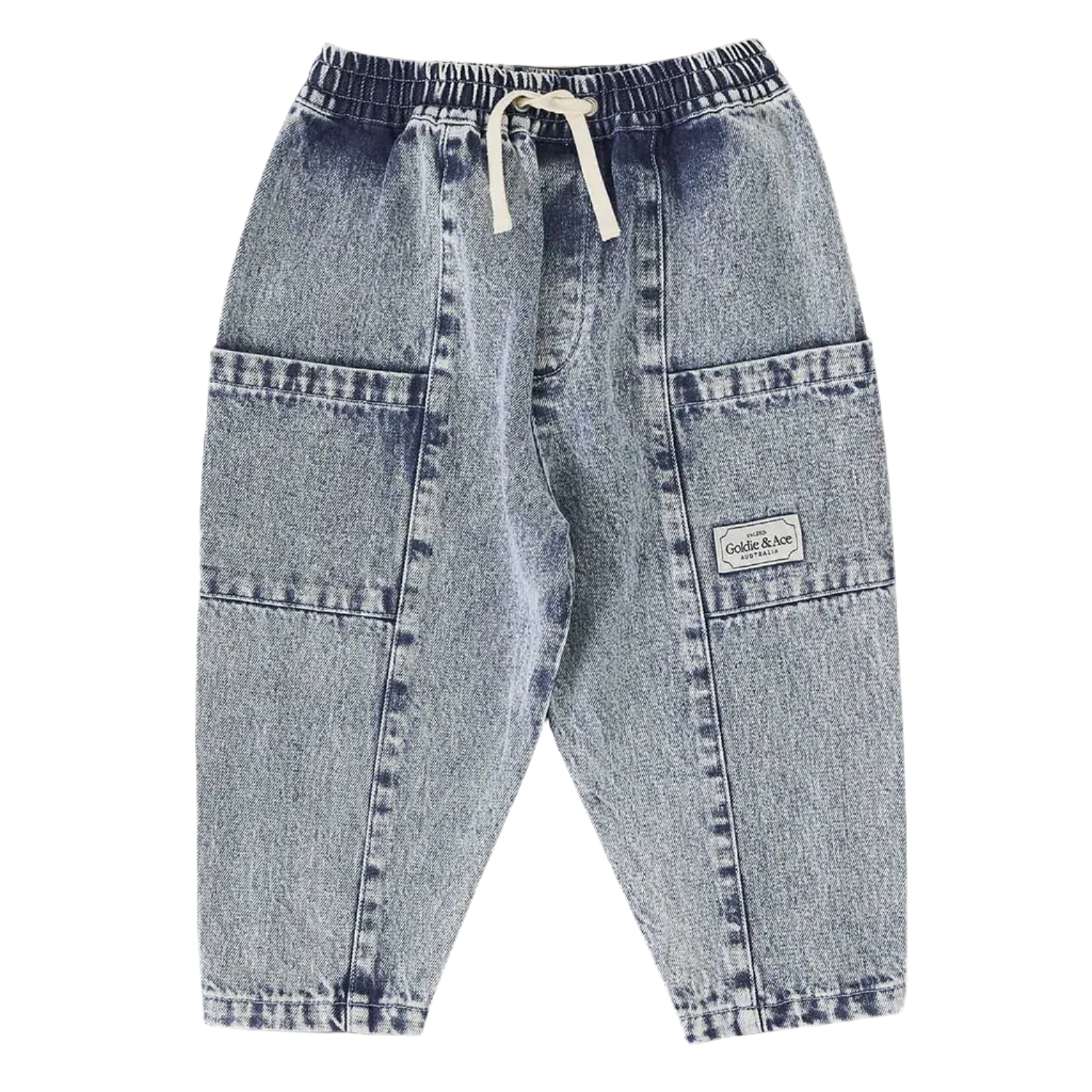 Blue denim jogger pants with a brand label on a white background LITTLE GENERAL KIDS