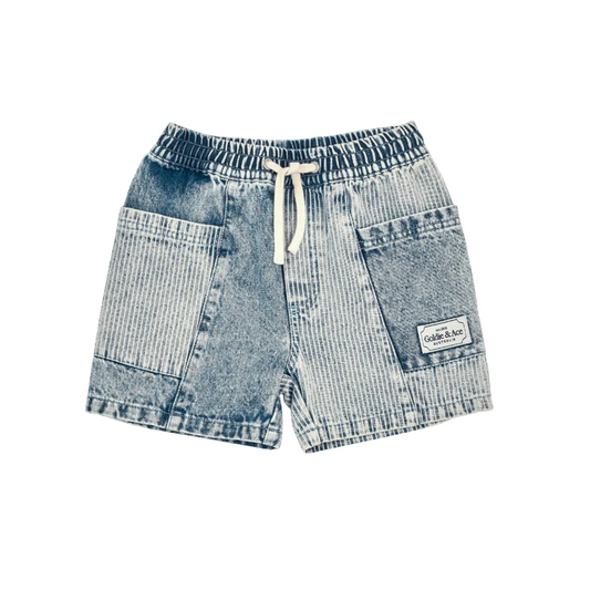Pair of denim shorts with a white drawstring on a white background LITTLE GENERAL KIDS