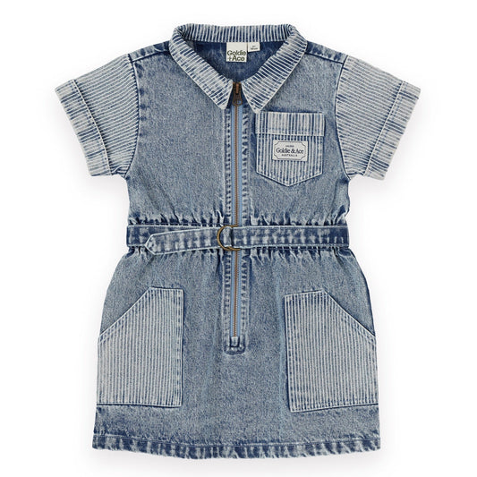 A children's denim dress with short striped sleeves, a pointed collar, a front zipper, a matching fabric tie belt, and two front patch pockets, shown on a plain white background. LITTLE GENERAL KIDS