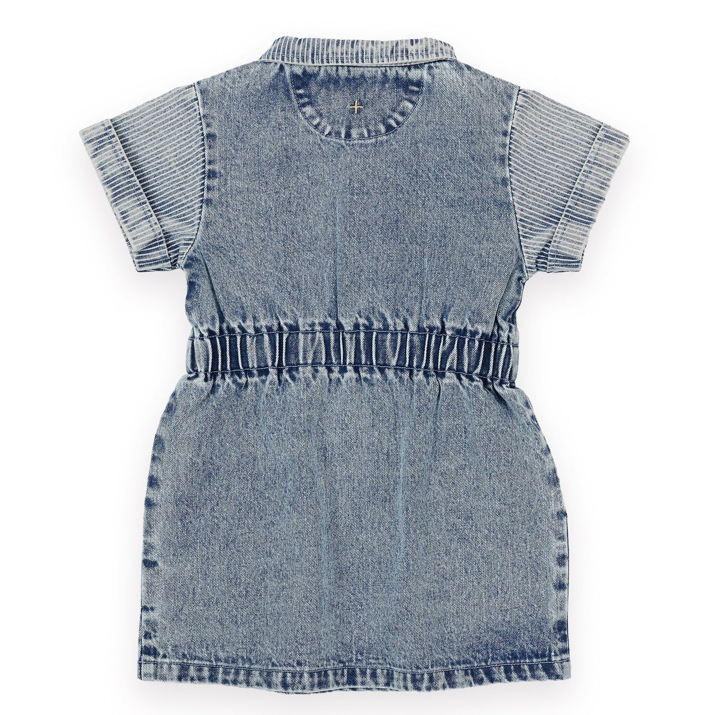 A light blue denim baby dress with short sleeves, a crew neck, and a smocked elastic waist, shown flat on a white background. LITTLE GENERAL KIDS