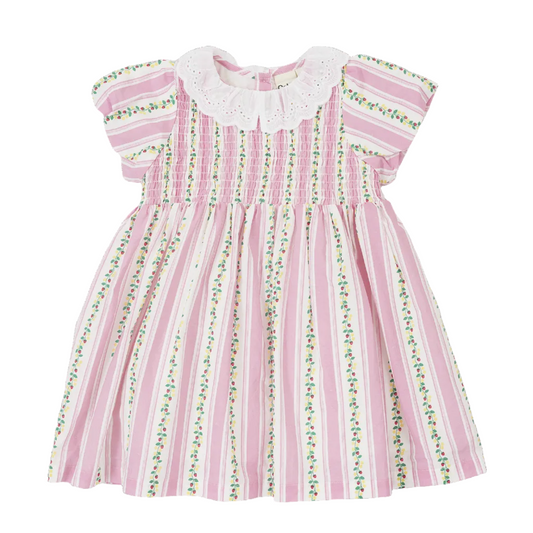 Pink and white striped dress with floral details on a white background