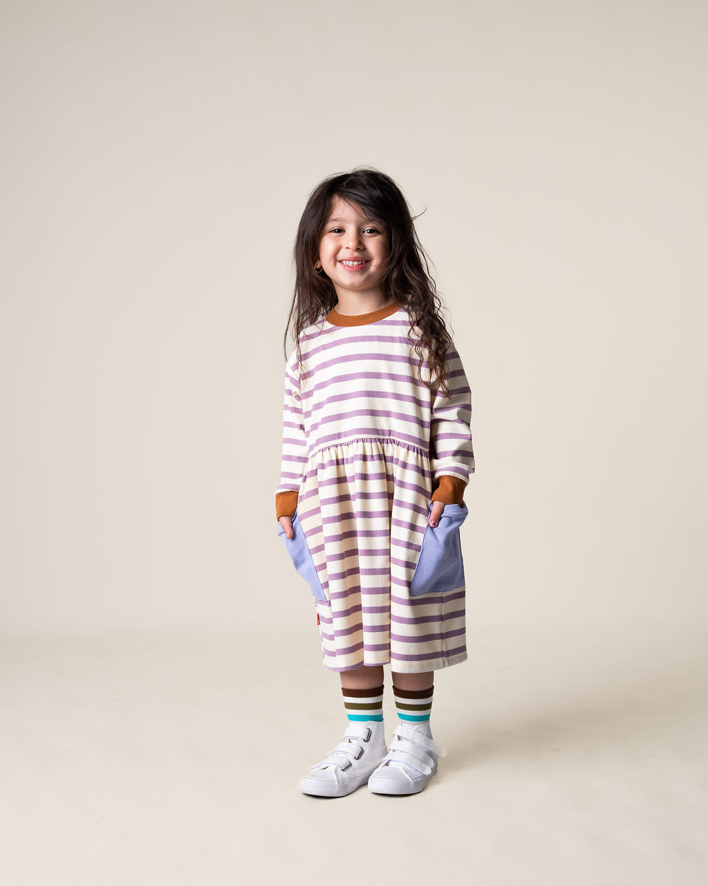 Purple Stripe Long Sleeve Bell Dress