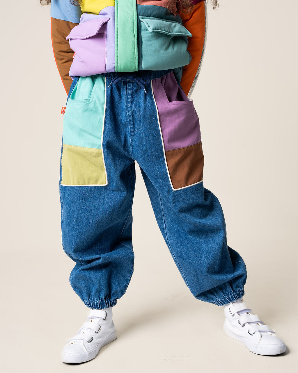 Colour Block Denim Barrel Pants