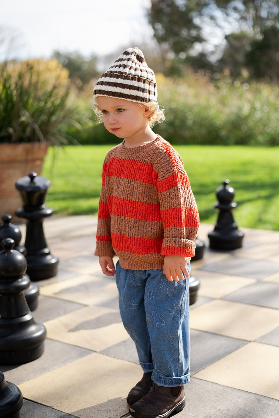 Organic Striped Pixie Knit Beanie / Espresso