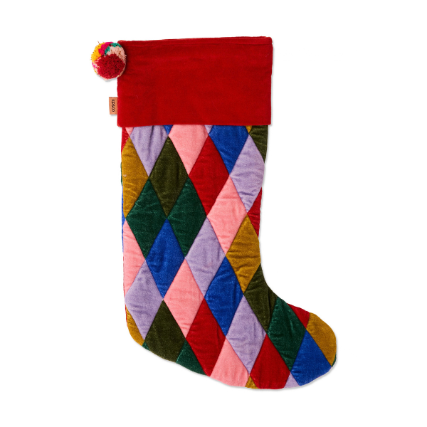 Jolly Christmas Harlequin Velvet Stocking