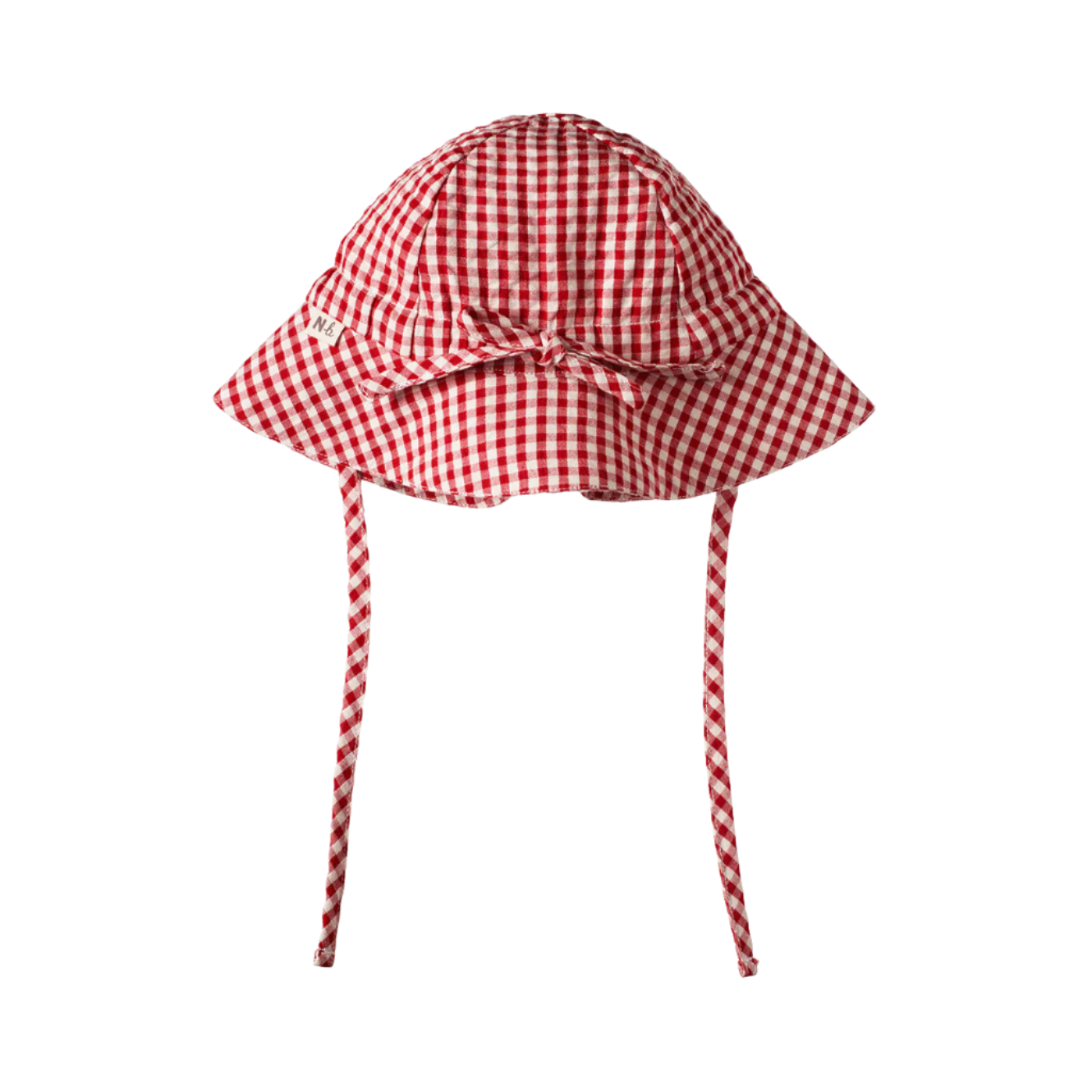 Red and white checkered sun hat with straps on a white background