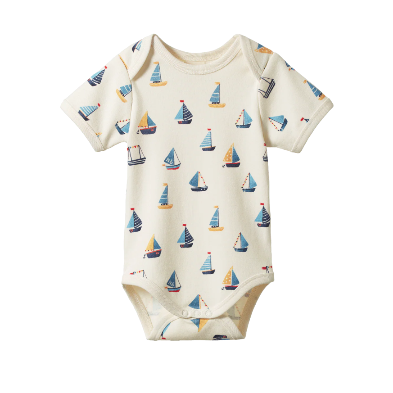 Baby onesie with sailboat pattern on a white background