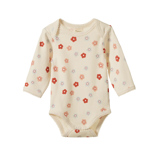 Cotton Long Sleeve Bodysuit / Petite Flora Stamp