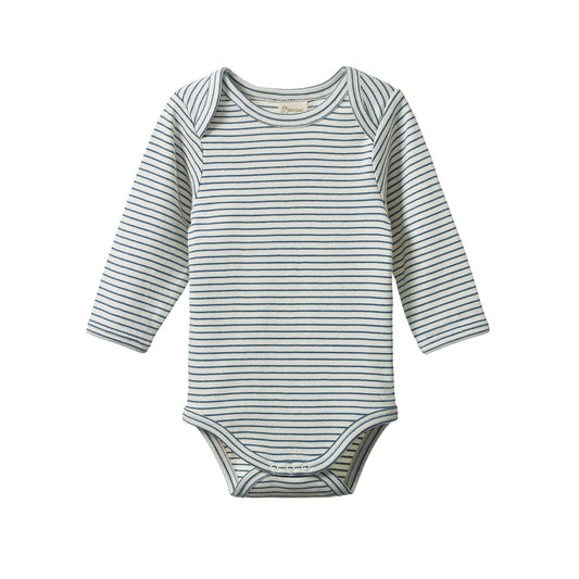 Cotton Long Sleeve Bodysuit / Teal Pinstripe