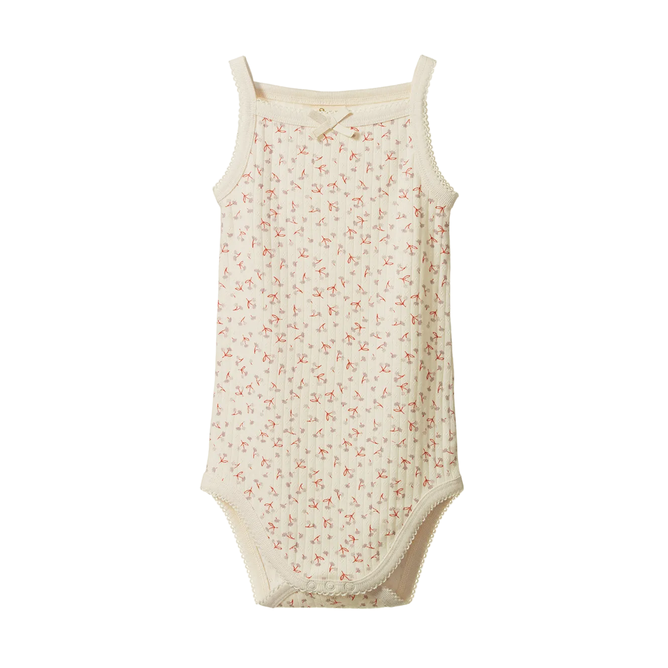 A cream-colored ribbed cotton bodysuit with a delicate pink and green cherry print, featuring shoulder straps and a small bow at the neckline, shown against a plain white background.