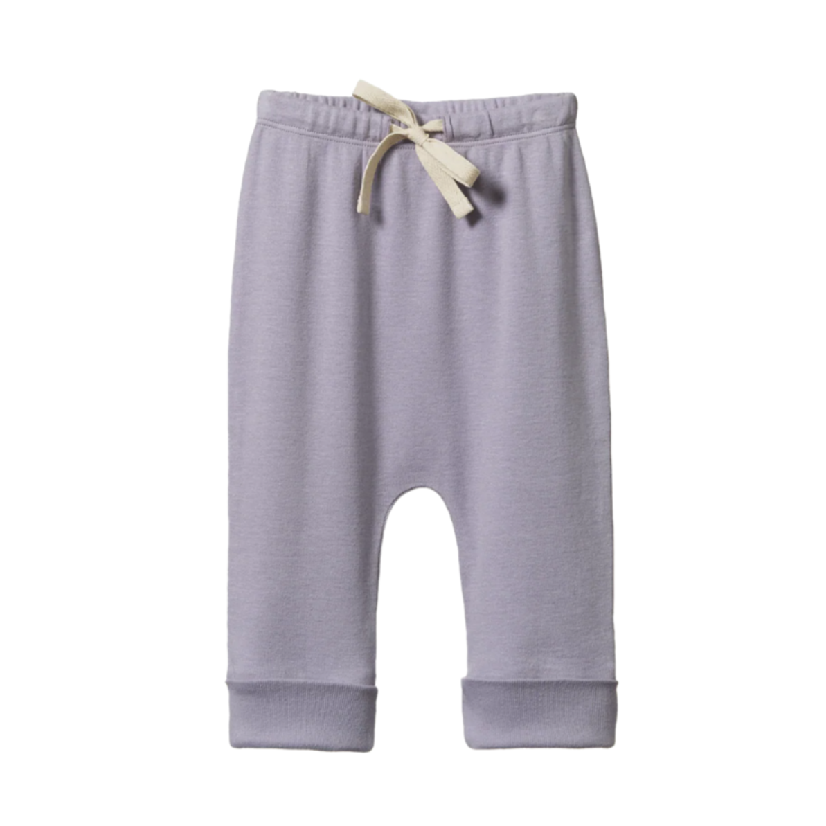 Purple baby pants with a white drawstring on a white background