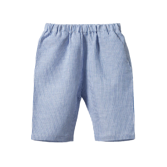 Blue and white striped shorts on a white background