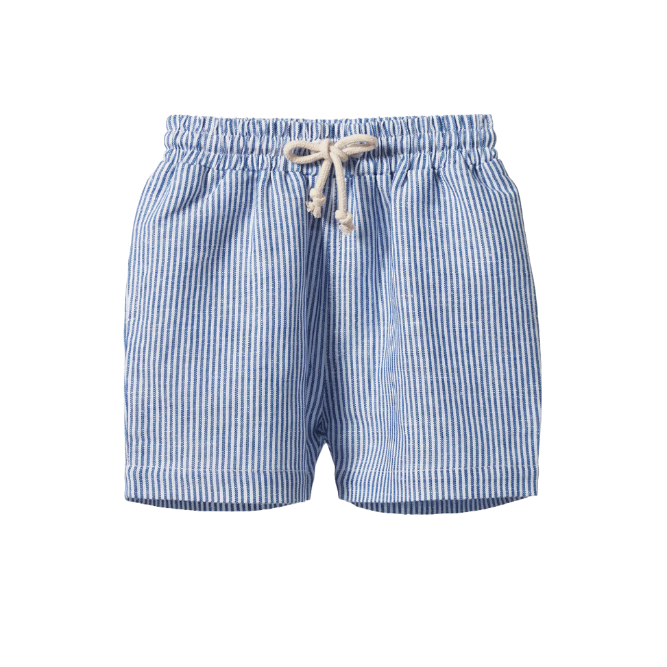 Blue and white striped shorts with a drawstring on a white background