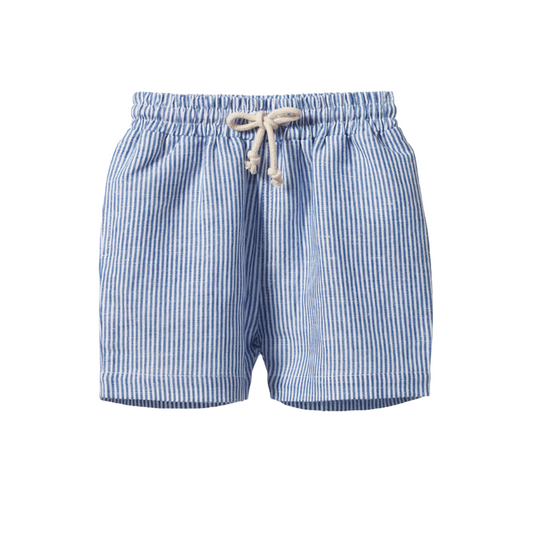 Blue and white striped shorts with a drawstring on a white background