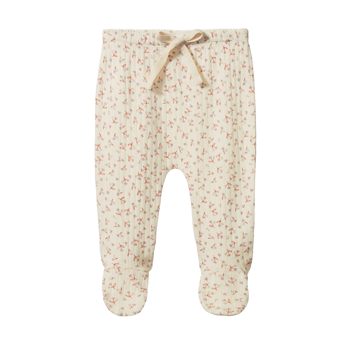 A pair of baby footed pants in a cream-colored muslin fabric with a small red and pink floral print, featuring an elastic waistband with a matching fabric drawstring.