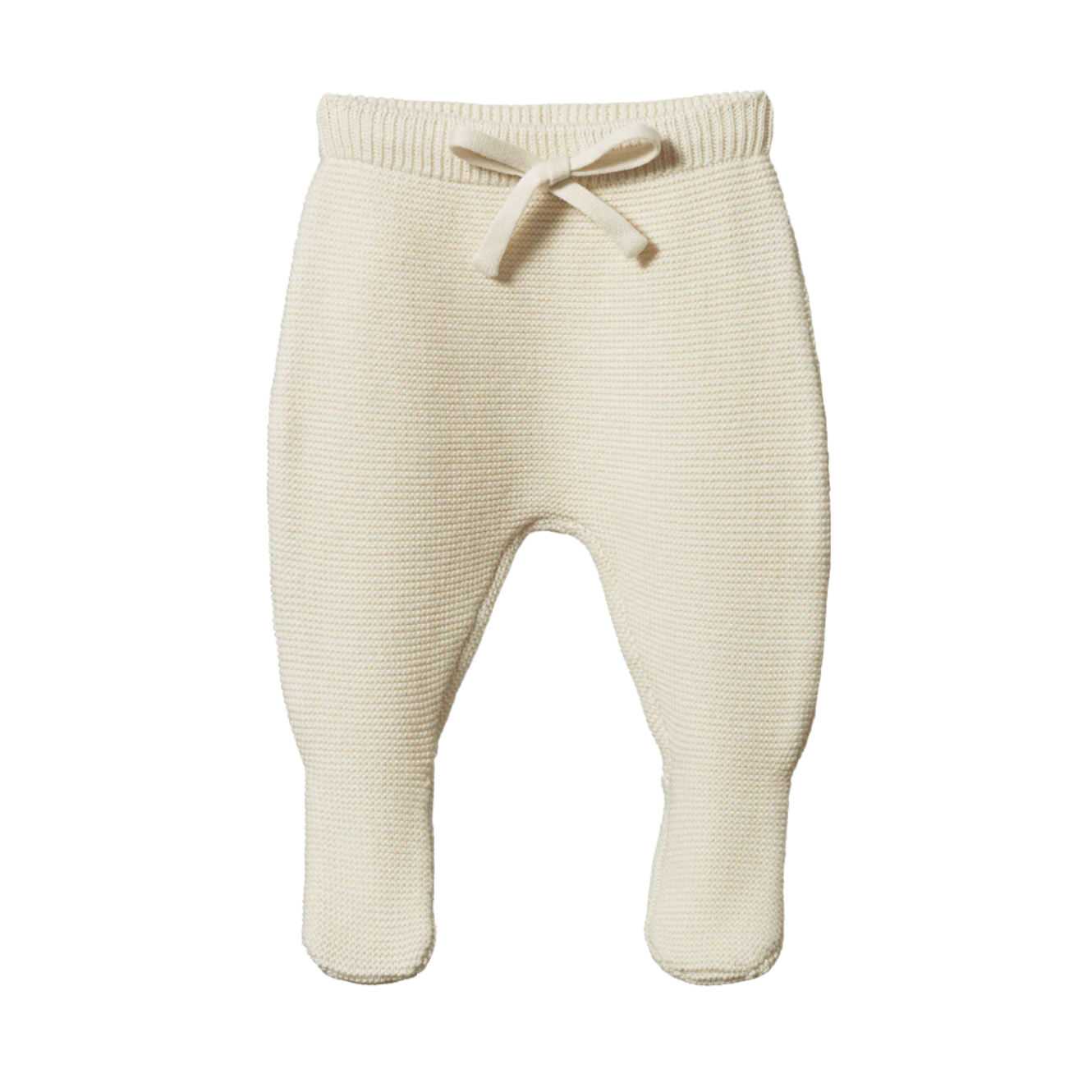 Beige knitted baby pants with a drawstring on a white background