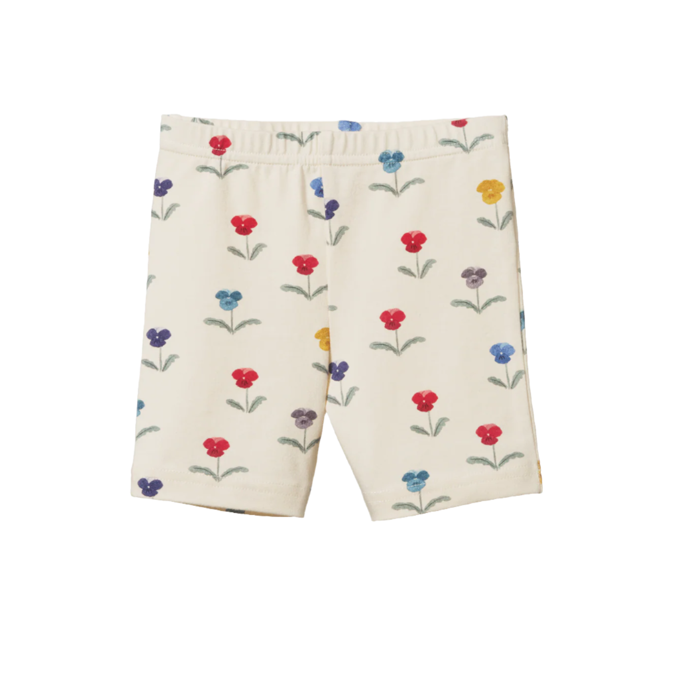 Beige shorts with colorful floral pattern on a white background