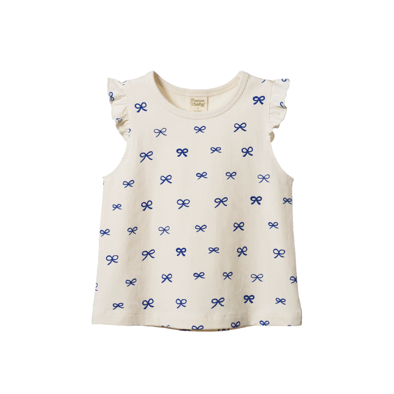 White sleeveless top with blue bow pattern on a white background