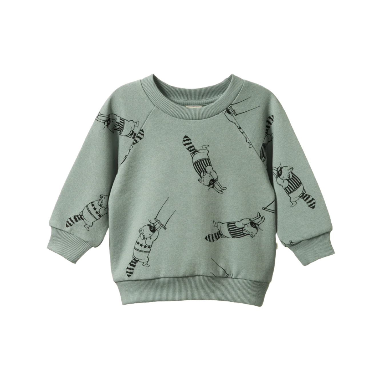 Green sweatshirt with black illustrations on a white background