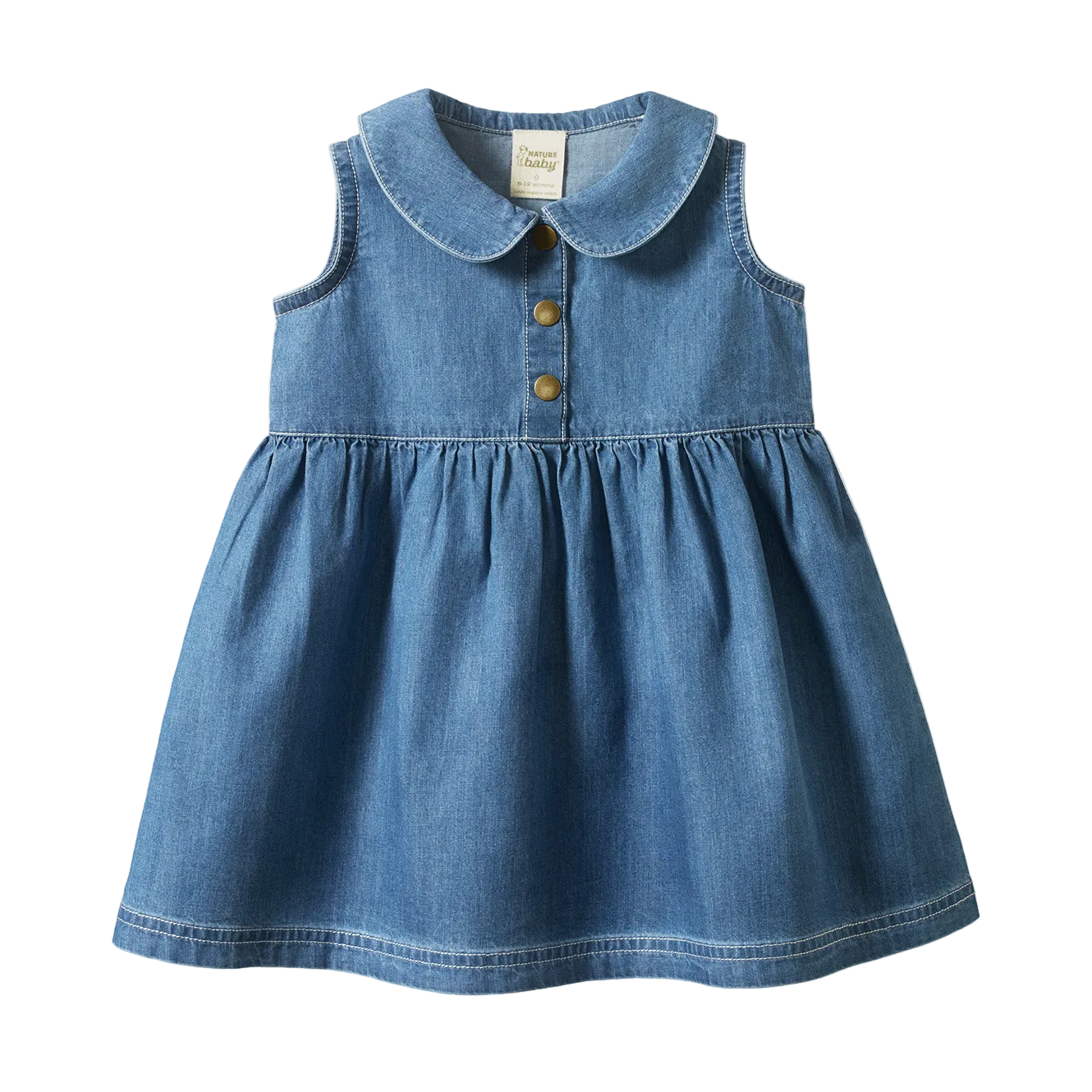 A sleeveless blue denim dress for toddlers, featuring a Peter Pan collar, three gold buttons on the chest, and a gathered skirt, shown against a plain white background.