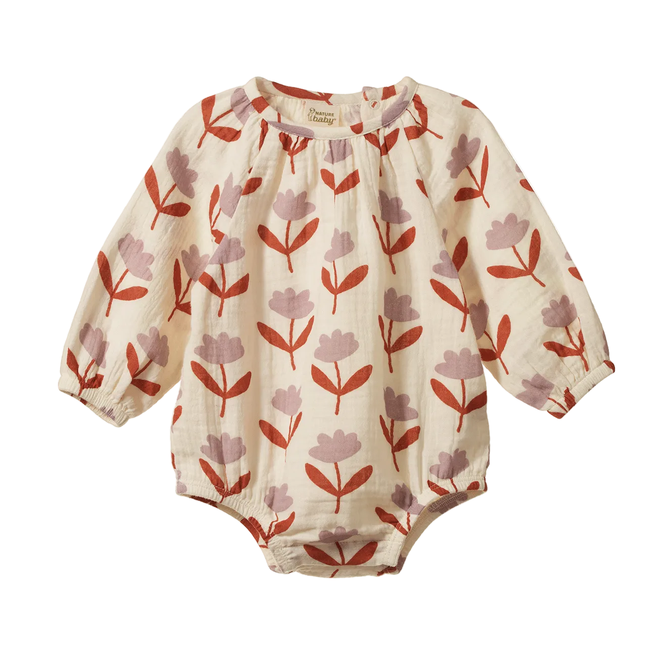 A baby long-sleeve bodysuit in cream-colored gauze fabric with a repeating pattern of muted red and dusty pink floral stems, shown flat against a white background.