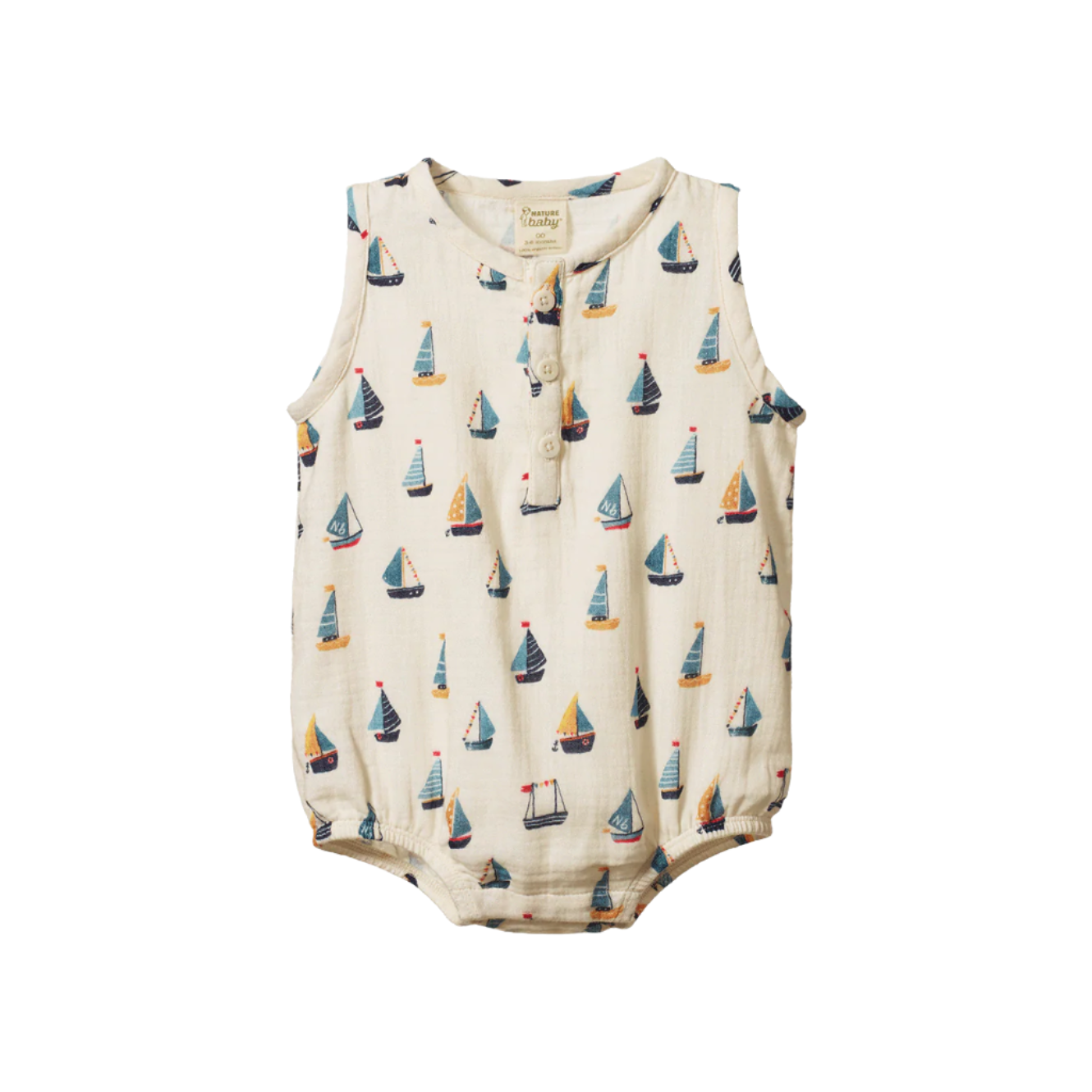 Baby romper with sailboat pattern on a white background