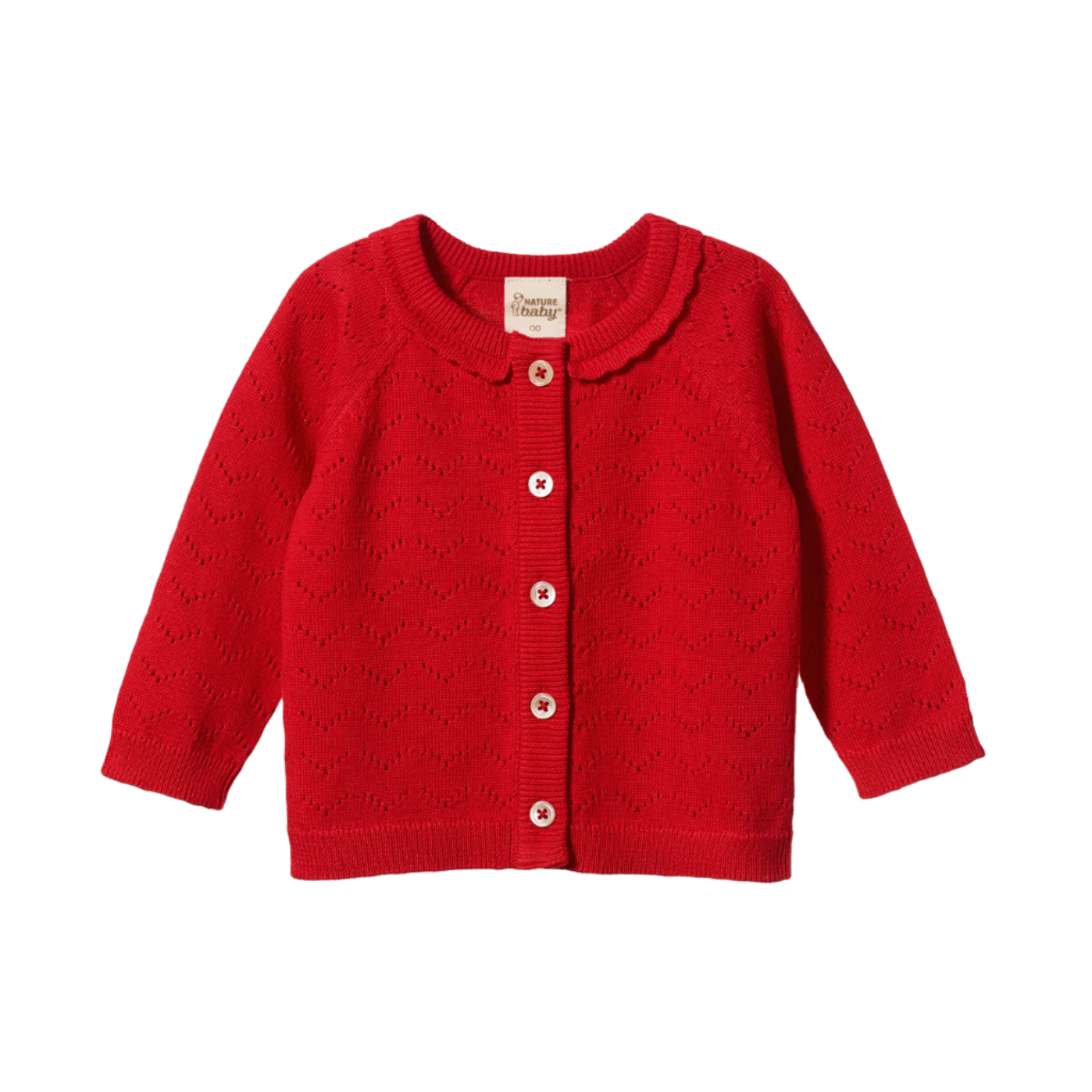 Red knitted cardigan with buttons on a white background