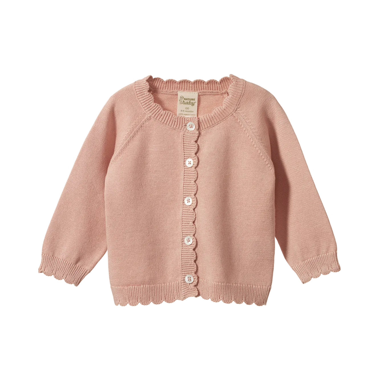 A light pink knit cardigan sweater for toddlers, featuring a scalloped neckline, hem, and cuffs, with a front button closure and white buttons, shown on a plain white background.