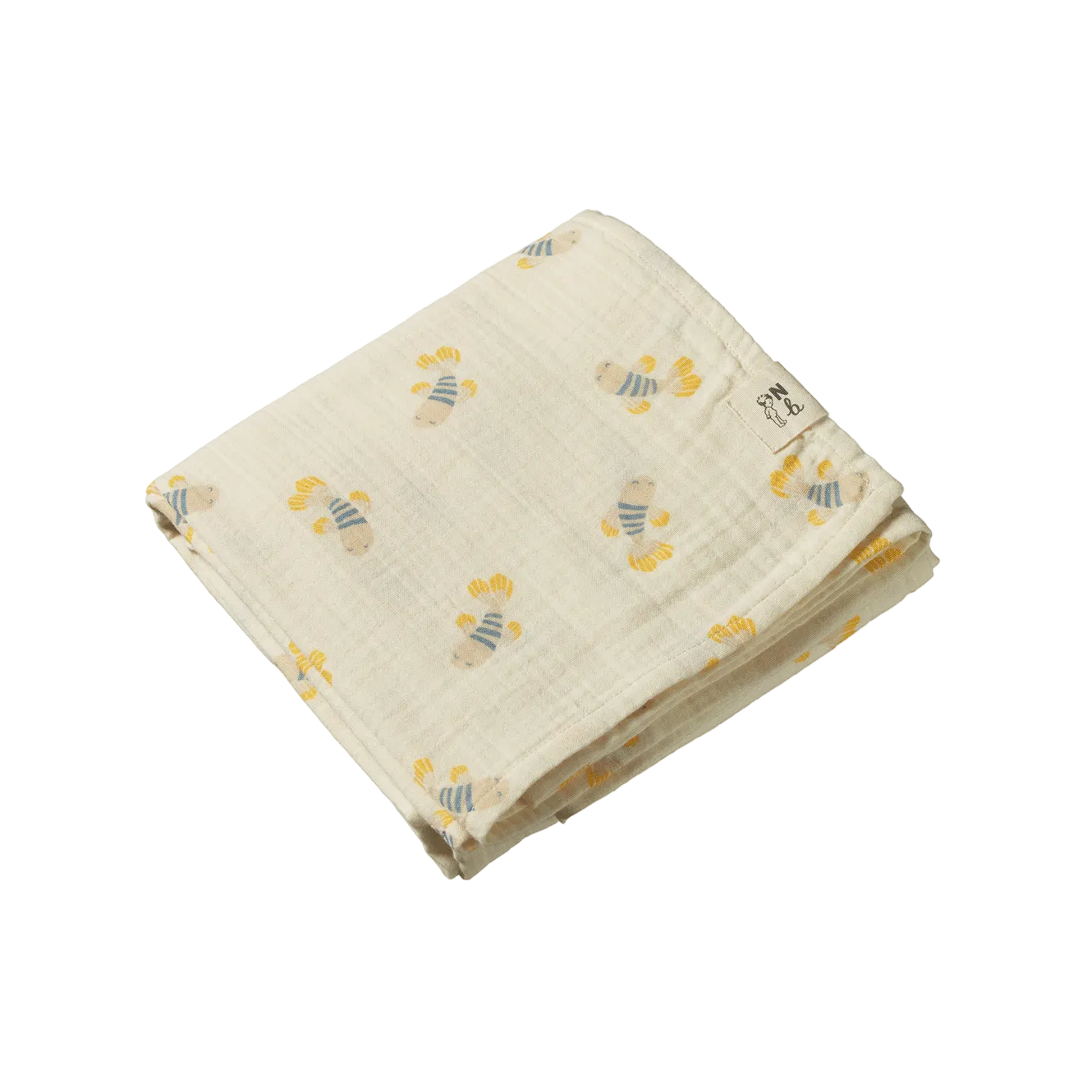 A folded muslin baby blanket in cream with a pattern of small yellow and blue striped bees, featuring a small fabric brand tag on the side.